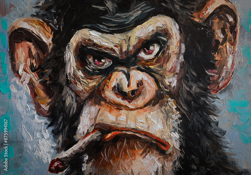 Oil portrait of an angry monkey smoking a cigarette