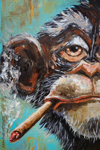 Oil portrait of a funny monkey that smokes a cigarette
