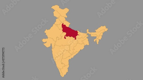 Uttar Pradesh map animated video. Map Highlighted on the India map with animation and colour with Gray background in video format.