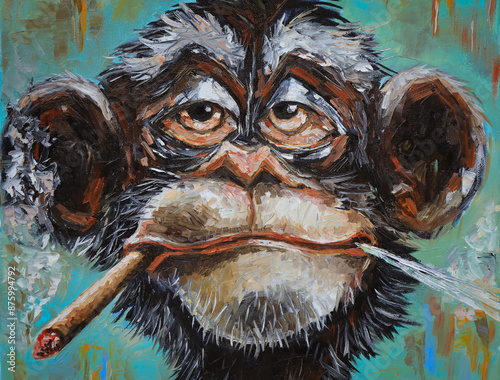 Oil portrait of a funny monkey that smokes a cigarette