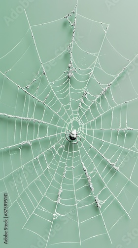 3D render of A spider web with a spider on a pastel green background, no peaple