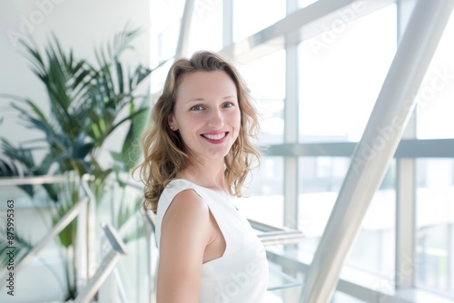 Confident professional woman exudes leadership and success in a modern office setting, wearing a stylish white outfit and a friendly smile Free Download Confident professional woman exudes leadership and success in a modern office setting, wearing a stylish white outfit and a friendly smile - GFXLoad