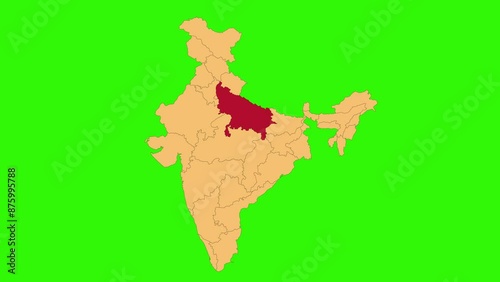 Uttar Pradesh map animated video. Map Highlighted on the India map with animation and colour with Green screen background in video format.	
