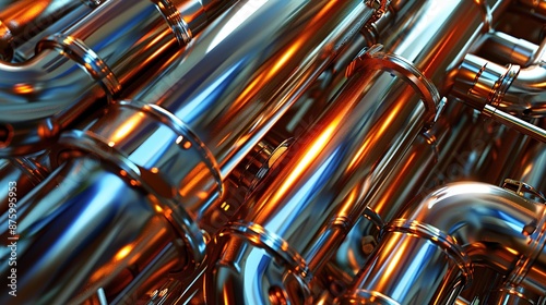 Shimmering Metallic Pipes and Tubes Close-Up - Abstract Industrial Background