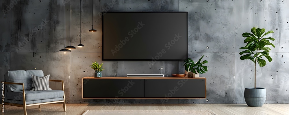TV and Cabinet in modern living room with blue armchair on dark blue concrete wall background. TV and Cabinet in modern living room with blue armchair on dark blue concrete wall background.