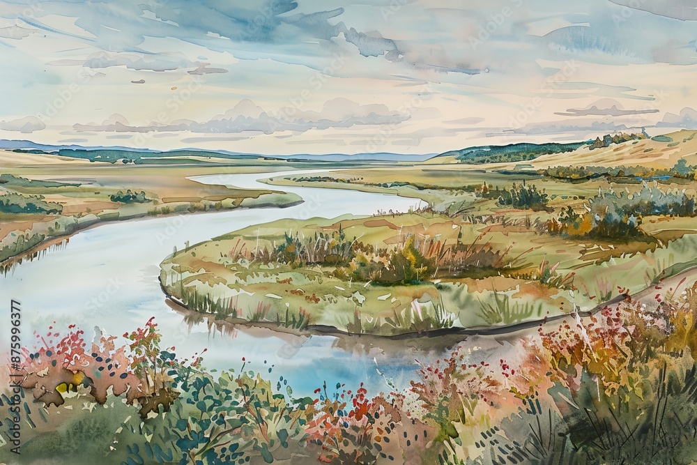 Obraz premium Watercolor of a landscape with a winding river.