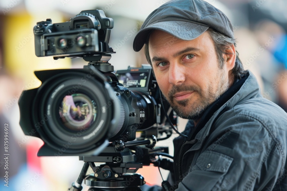 Focused male videographer films with a professional cinema camera on set, showing concentration and expertise in the field of highquality video production and cinematography Focused male videographer films with a professional cinema camera on set, showing concentration and expertise in the field of highquality video production and cinematography