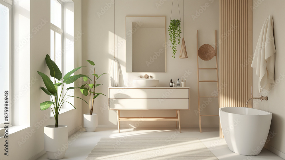 Spacious modern bathroom with a large mirror, contemporary elegance