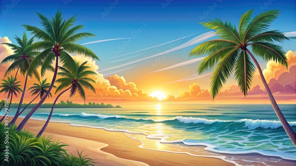 serene beach at sunset, with palm trees and gentle waves