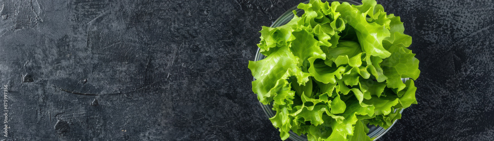Fresh green lettuce in a clear bowl on a dark textured background. Perfect for healthy eating, salad preparation, and vegetable or vegan themes. Fresh green lettuce in a clear bowl on a dark textured background. Perfect for healthy eating, salad preparation, and vegetable or vegan themes.