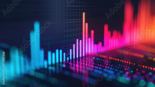 A vibrant digital abstract background featuring colorful  glowing bar graphs and data visualization on a dark grid. Perfect for technology and data themes.