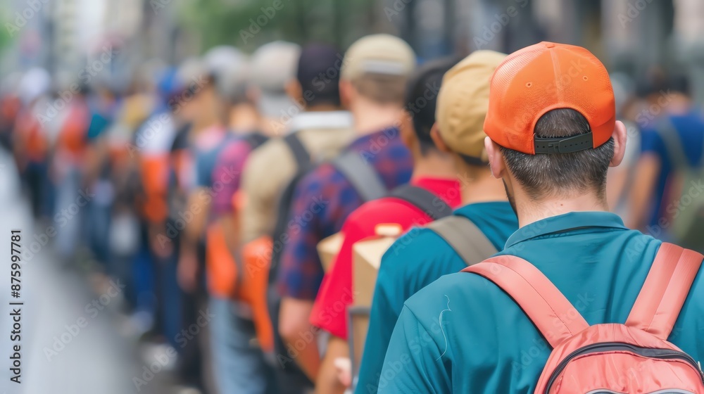 A line of people with backpacks wait patiently in a city street. A line of people with backpacks wait patiently in a city street.