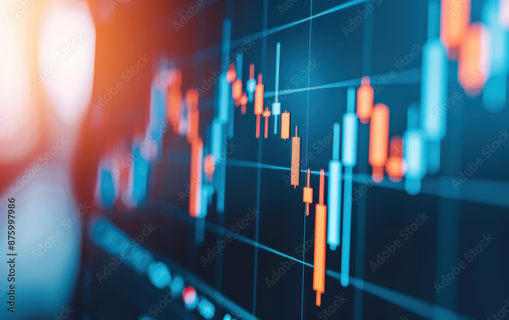 Close-up digital stock market chart with rising and falling trends, illuminated by warm light, highlighting financial fluctuations and data analysis. Close-up digital stock market chart with rising and falling trends, illuminated by warm light, highlighting financial fluctuations and data analysis.