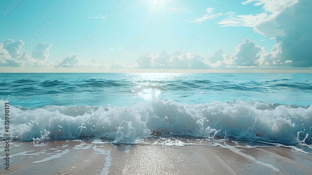 Serene Beachscape with Gentle Ocean Waves and Copy Space Serene Beachscape with Gentle Ocean Waves and Copy Space