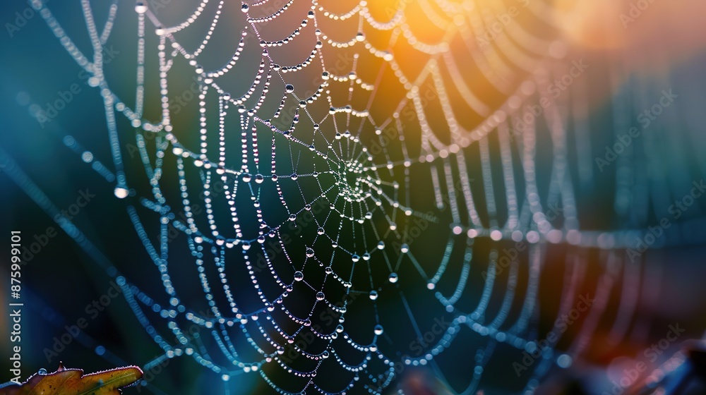 Naklejka premium Serene Morning: Dewy Water Droplets on Spider's Web in Soft Focus Mist