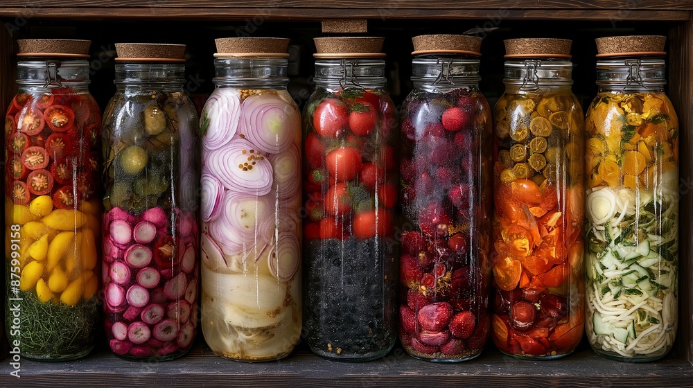 Variety of Pickled Vegetables in Glass Jars, Perfect for Culinary and Preservation Concepts Variety of Pickled Vegetables in Glass Jars, Perfect for Culinary and Preservation Concepts