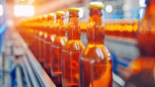 Close-up of amber glass beer bottles on a conveyor belt in a brewery, brightly lit environment, showcasing industrial production process.