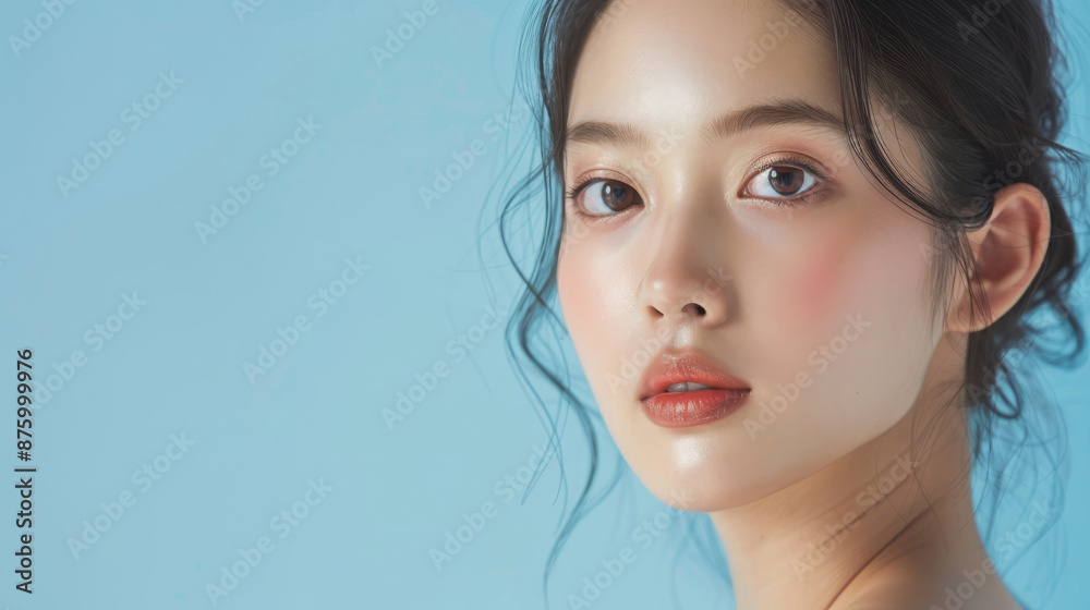 Flawless Radiance - Stunning Korean Makeup Beauty on Light Blue Background for Skincare Ads Flawless Radiance - Stunning Korean Makeup Beauty on Light Blue Background for Skincare Ads
