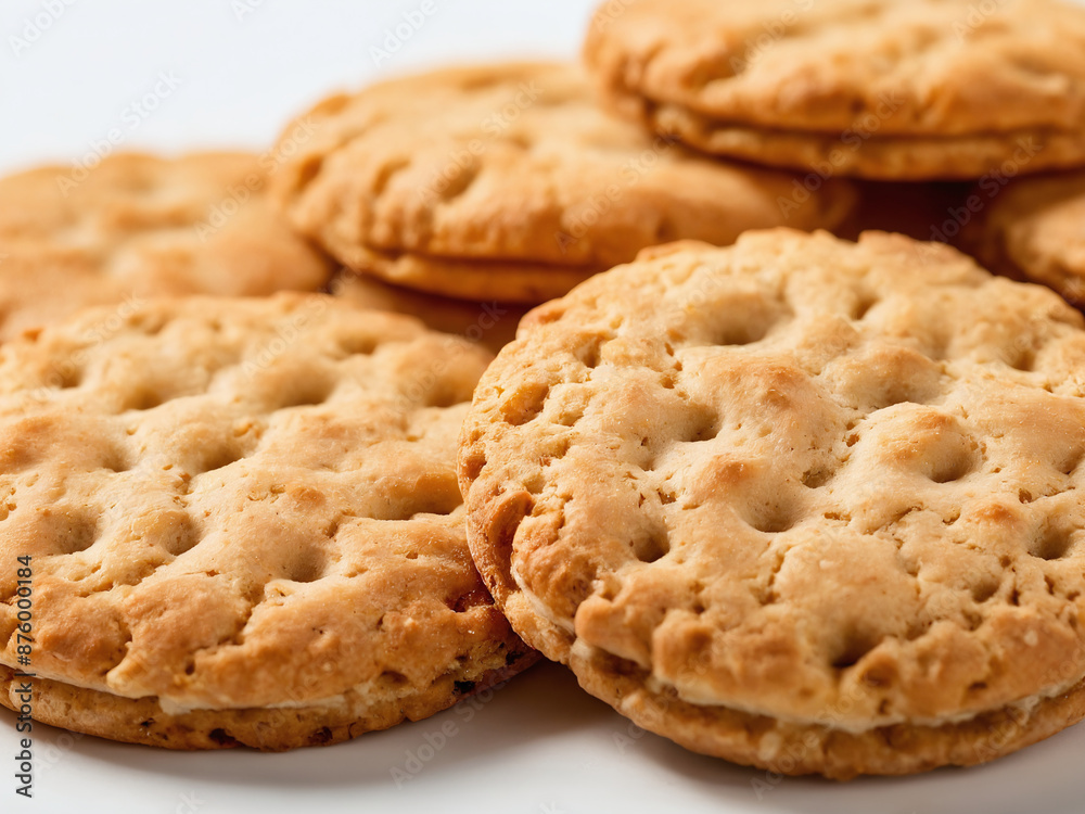 Close up of round, golden brown dog cookies on a white surface