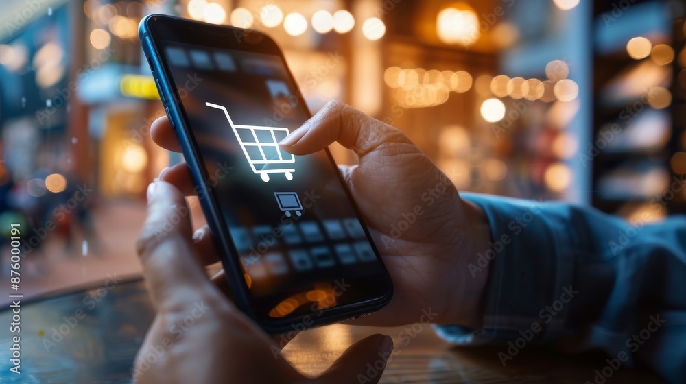 Connected Commerce: Hands Holding Mobile Phone with Online Shopping App Displaying Digital Payment Concepts Connected Commerce: Hands Holding Mobile Phone with Online Shopping App Displaying Digital Payment Concepts