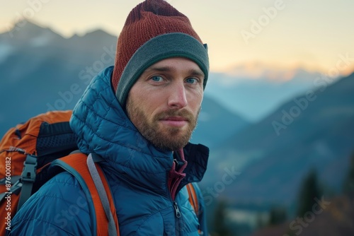 Elderly man on a mountain hike with a large backpack, wearing a beanie, warm jacket, and scenic background. AIG58 photo