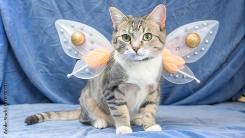 Adorable tabby cat dressed up with fairy wings photo