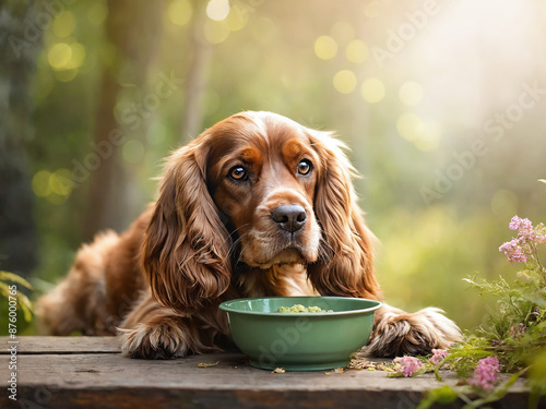 Brown cocker spaniel dog sitting by a bowl of food in a sunny forest photo