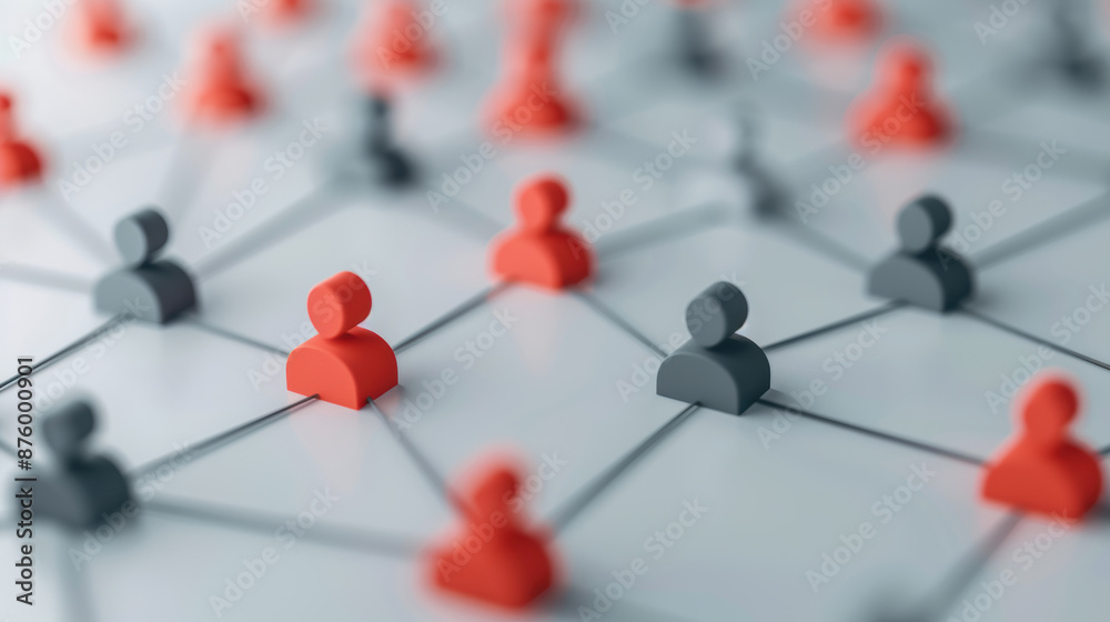 Red and black  human icons connected by lines, representing social network, teamwork, communication, and connection in a conceptual network design.