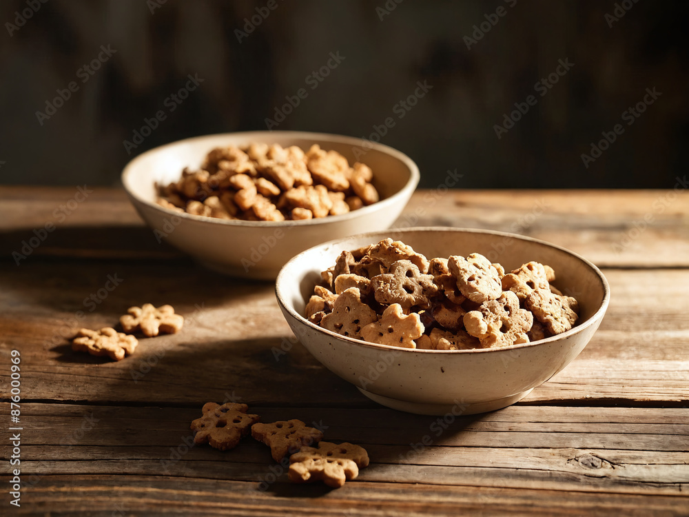 Two bowls of crunchy dog treats on rustic wooden table Two bowls of crunchy dog treats on rustic wooden table