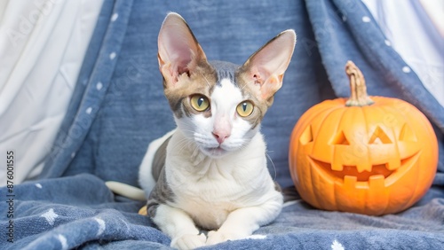 Sphynx cat with Halloween pumpkin photo