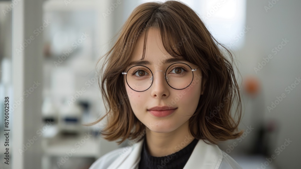 A woman with short brown hair and round glasses looks directly at the camera A woman with short brown hair and round glasses looks directly at the camera