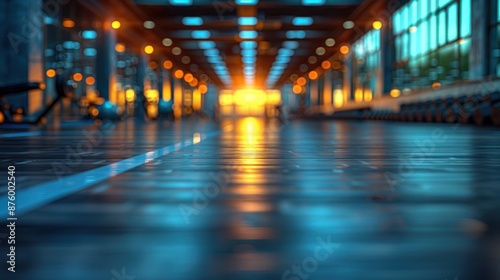 Airports glass walls reflect warm evening sunlight on gleaming floor