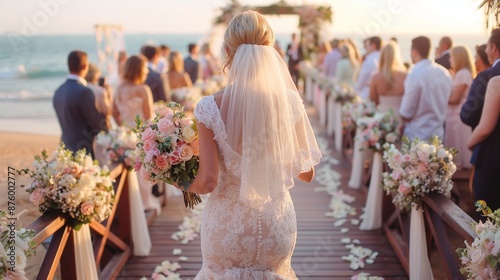 Beachside Wedding Ceremony with Elegant Bride and Guests