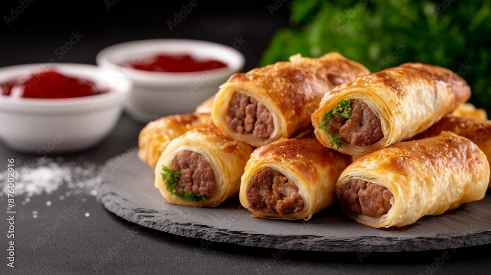 Gourmet Sausage Rolls with Puff Pastry on Elegant Slate Plate Gourmet Sausage Rolls with Puff Pastry on Elegant Slate Plate