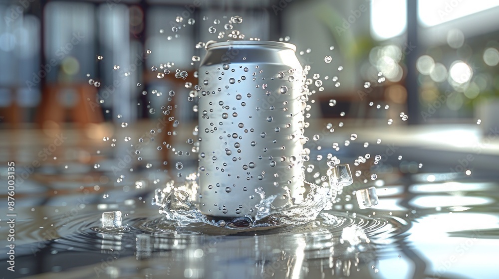 A silver can makes a refreshing splash in still water A silver can makes a refreshing splash in still water