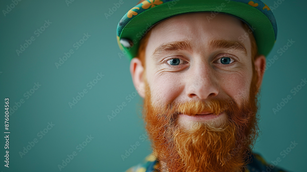 Portrait of a Man Wearing a Green Shamrock Hat Against a Green Background Portrait of a Man Wearing a Green Shamrock Hat Against a Green Background