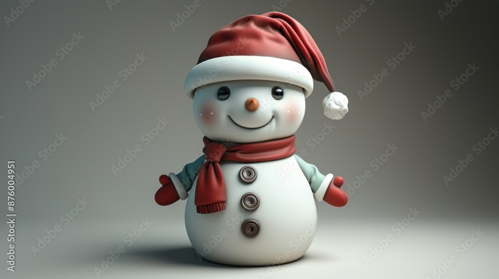 A snowman wearing a red hat and scarf smiles warmly