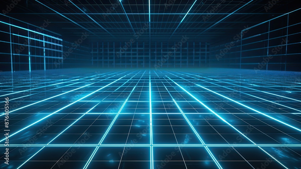 Neon wireframe horizon background The light blue square floor glows Neon wireframe horizon background The light blue square floor glows