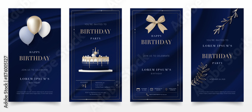 Set of Happy birthday invitation banner template. Birthday greeting card with 3D elegant cake, gold balloon, bow on blue background for luxury modern birthday anniversary party, invite cards. Vector