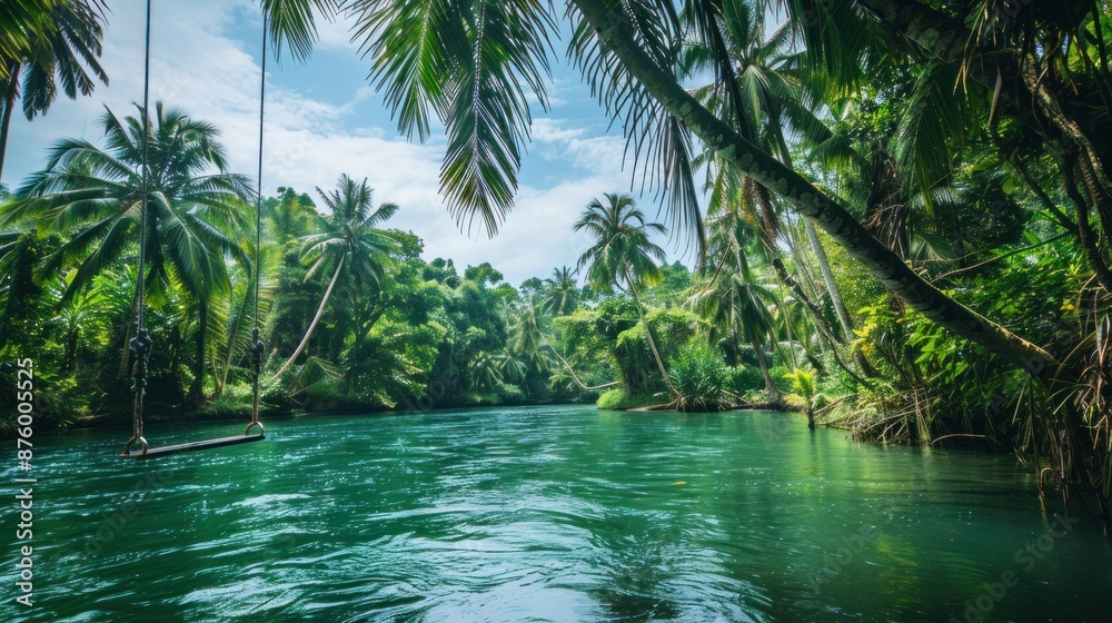 Adventure in the tropical Philippines where palm trees line the river banks. Swinging and enjoying the river while immersed in lush greenery. Adventure in the tropical Philippines where palm trees line the river banks. Swinging and enjoying the river while immersed in lush greenery.