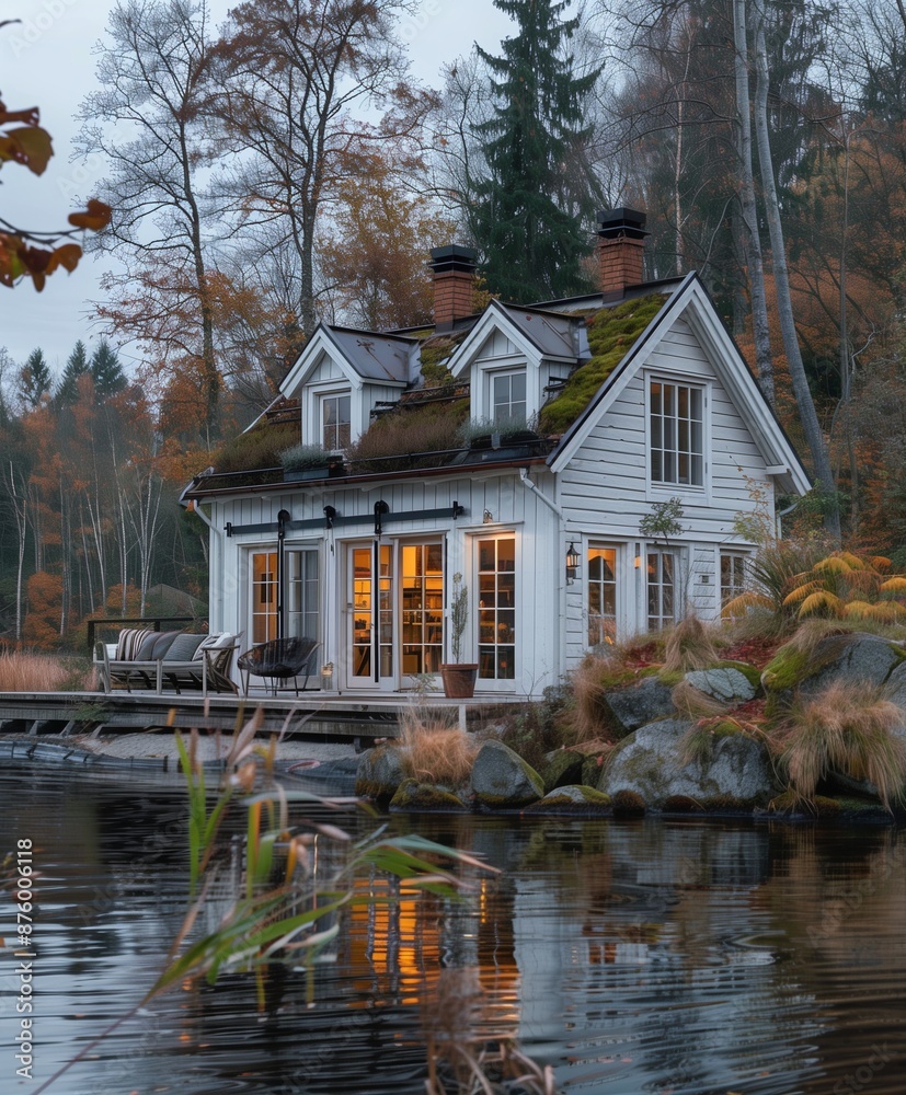 Obraz premium A quaint tiny house located by a tranquil river. 