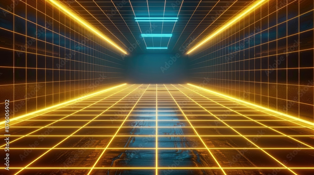 Fototapeta premium Neon wireframe horizon background The light yellow square floor glow