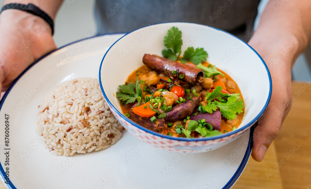 Chef at the kitchen preparing massaman curry with sweet potato and many spices Chef at the kitchen preparing massaman curry with sweet potato and many spices