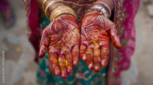 Close up of hands with henna design, Beautiful hands with henna design, henna wedding design, Indian woman hands with traditional mehndi tattoo, woman showing her painted hands with henna 