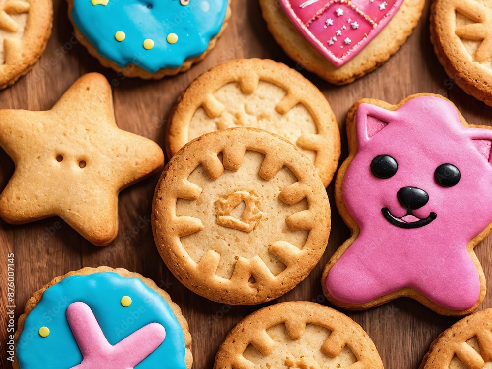 Decorated sugar cookies on wooden tabletop Decorated sugar cookies on wooden tabletop