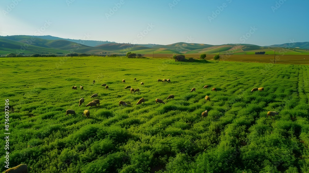 An alfalfa field with grazing sheep An alfalfa field with grazing sheep
