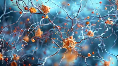 Visual representation of Alzheimer's amyloid plaques in a neuron. Concept Medical Illustration, Neurodegenerative Disease, Alzheimer's Research, Amyloid Plaques, Neuron Dysfunction photo