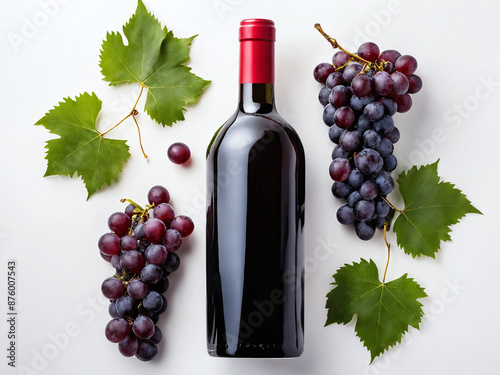 Red wine bottle with grapes and vine leaves on white background
