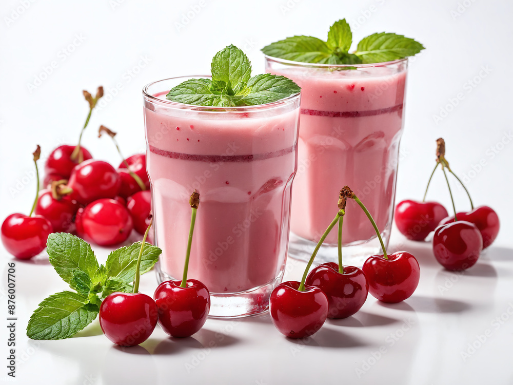 Two glasses of pink cherry smoothies with fresh mint and ripe cherries Two glasses of pink cherry smoothies with fresh mint and ripe cherries