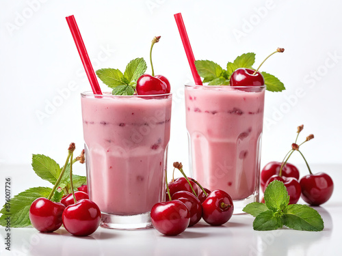 Two glasses of cherry smoothies with fresh mint and cherries